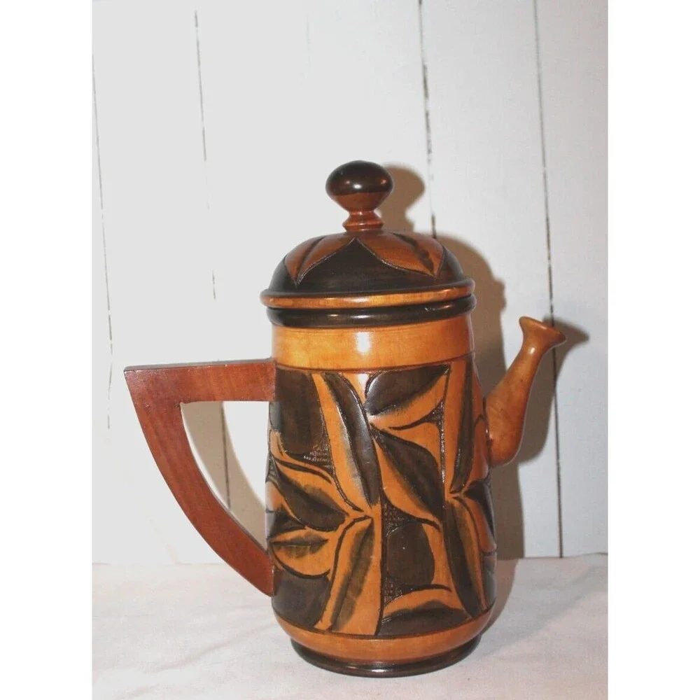 Vintage Polynesian Wooden Pitcher Hand Carved with Lid, Beautifully Crafted.